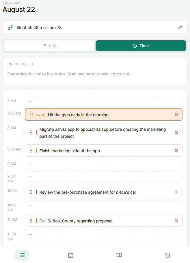 Time-box view with tasks in slots